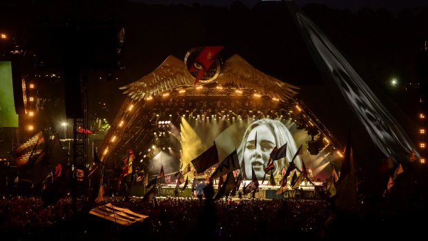 British singer Adele performs at the Glastonbury music festival at Worthy Farm, in Somerset, England.
