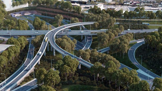 The St Peters Interchange that will make up part of WestConnex, seen in an artist's impression. 