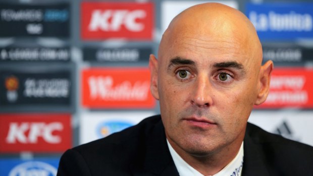 Victory coach Kevin Muscat speaks to the media after the game.