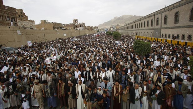 Shiite rebels known as Houthis at a rally against Saudi-led airstrikes in Sanaa, Yemen on Friday.