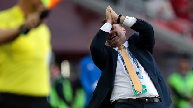 Socceroos coach Ange Postecoglou reacts during the match against Chile.
