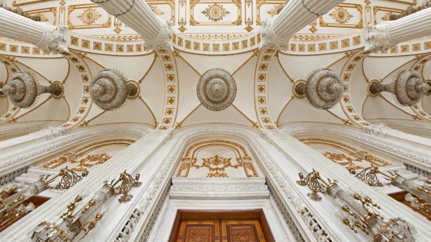 Ceiling and columns of one of the rooms in the Palace of the Parliament in Bucharest.