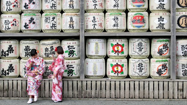 Sake barrels are offered up to the deities at Tsurugaoka Shrine in Kamakura, Japan. 