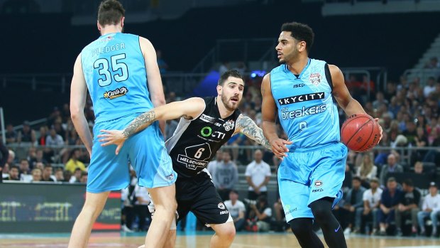 Corey Webster of the New Zealand Breakers controls the ball during Thuirsday night's first leg semi-final.