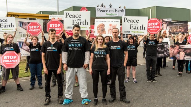 The protesters outside Diamond Valley Pork in Laverton.