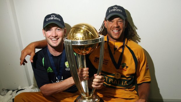 Happier times: Michael Clarke and Andrew Symonds with the World Cup trophy after the 2007 final in Barbados.