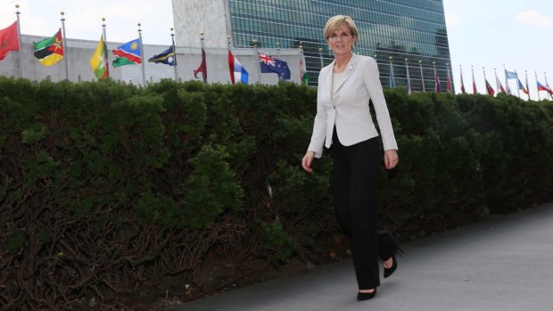 Foreign Affairs Minister Julie Bishop walks outside the UN building in New York, where she was assured by Egypt's Foreign Minister Sameh Shoukry that Peter Greste would receive a full pardon.