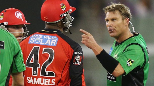 No love lost: Shane Warne unloads on Samuels during a 2013 Big Bash League clash.