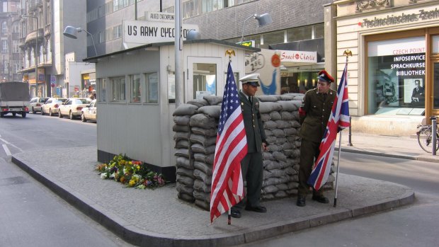 The tourist attraction Checkpoint Charlie, a former crossing point between East and West Berlin, that German media say was a target for terrorists.