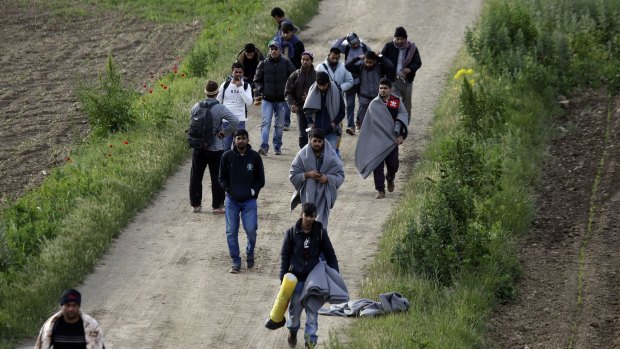 Syrian refugees walk back to the northern Greek border point of Idomeni, after being sent back by Macedonian police, on Wednesday.