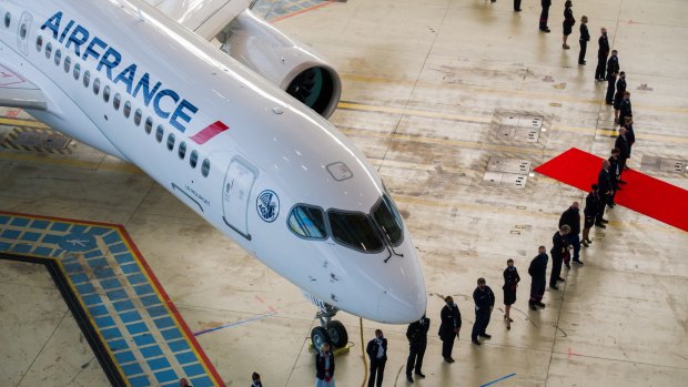 Air France's new Airbus A220 passenger jet is unveiled at Paris Charles de Gaulle Airport.