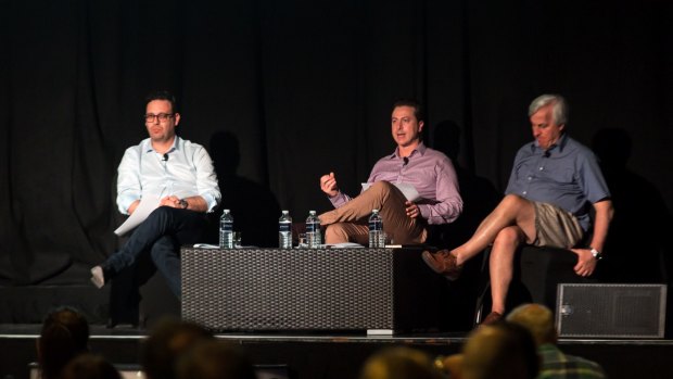 KPMG partner Dominic Pelligana, Daniel O'Sullivan of Abbe Corrugated and Quin Scalzo of Scalzo Foods in an on stage discussion at the Family Business Australia conference. 