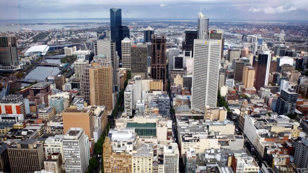 Melbourne photographed from 120 Collins Street. 