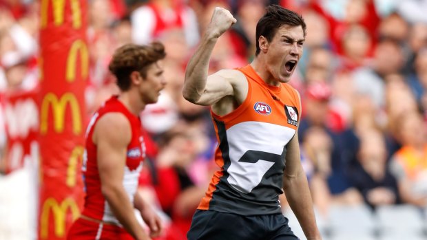 Pumped up: Jeremy Cameron celebrates a goal during the 2016 AFL first qualifying final between the Sydney Swans and the GWS Giants at ANZ Stadium.
