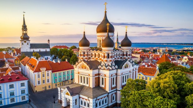 Alexander Nevsky cathedral and St Mary's Cathedral at sunset in Tallinn, Estonia.