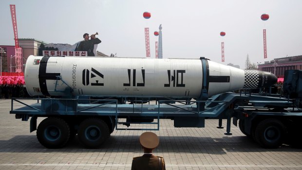 A submarine missile is paraded across Kim Il-sung Square during a military parade in Pyongyang, North Korea on Saturday.