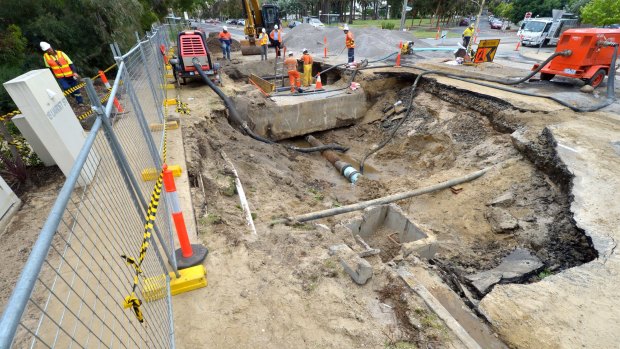 The sinkhole on Liardet Street, Port Melbourne, has been enlarged for repair works.  