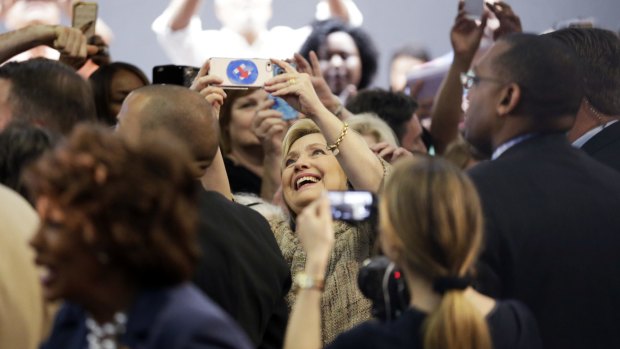 Hillary Clinton takes a selfie with supporters in Los Angeles. 