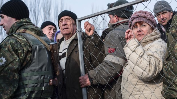 Residents line up for help at the humanitarian aid centre in Avdiivka, eastern Ukraine, on Friday.