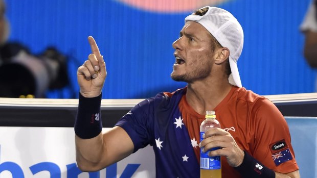 Couldn't mount a comeback ... Lleyton Hewitt was frustrated by foot fault calls during his loss to David Ferrer on Rod Laver Arena and let the chair umpire know about it.
