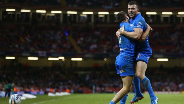 James Tedesco celebrates a try for Italy in the 2013 Rugby League World Cup.