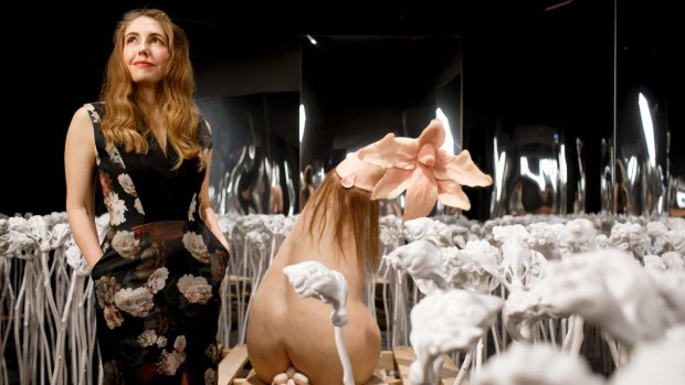 Australian artist Patricia Piccinini with her installation Meadow at the Hyper Real exhibition.