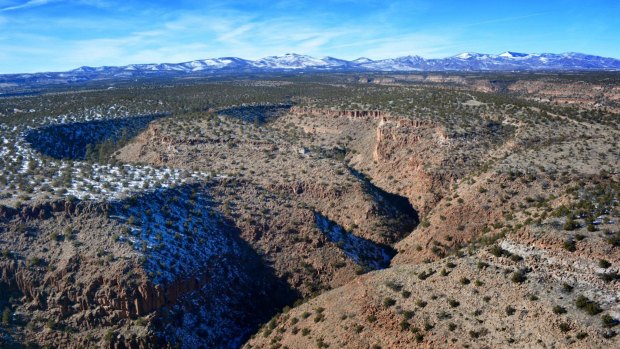 A areal view of the terrain where a search of treasure hunter Randy Bilyeu, went missing along Rio Grande in northern New Mexico.