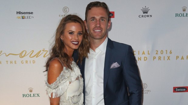Brit Davis and Joel Selwood at the Glamour on the Grid Grand Prix party.