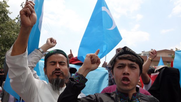 Uighur protesters demonstrate outside the Thai embassy in Ankara last week. 