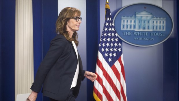 Actress Allison Janney makes a surprise visit to the White House Press Briefing Room on Friday.