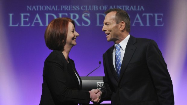 Julia Gillard and Tony Abbott at the National Press Club in 2010.