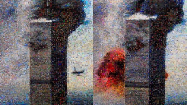 September 11 plane crash snapshots. The photographs have been refashioned using photomosaic freeware, linked to Google's Image Search function. Showing at Les Rencontres d'Arles.