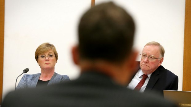 Senators Linda Reynolds and Ian Macdonald question outgoing Solicitor-General Justin Gleeson. 