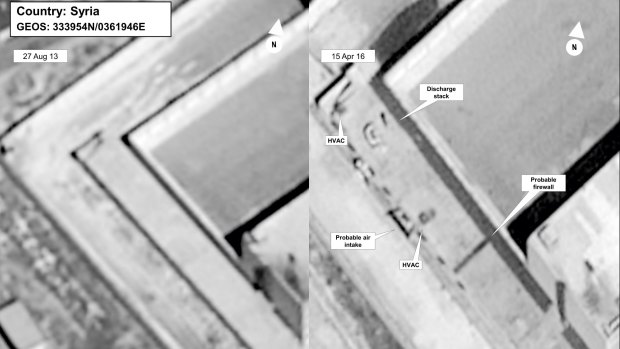 Satellite images taken on August 27, 2013, left, and April 16, 2015, of a building in a prison complex in Syria that was allegedly modified to support a crematorium. 