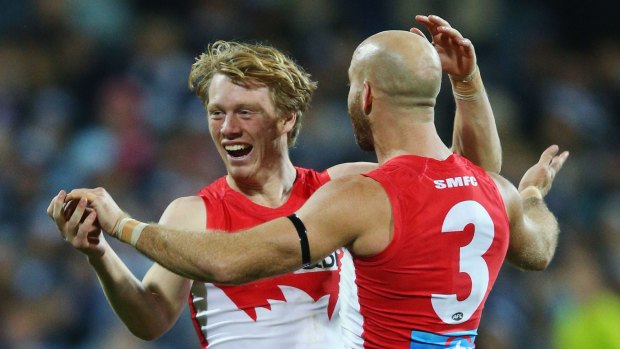 Happy days: Callum Mills celebrates a goal with Jarrad McVeigh during the match against Geelong in July.
