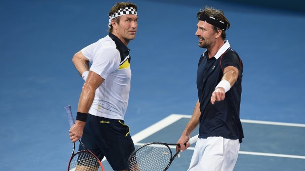 Pat Cash of Australia and Goran Ivanisevic of Croatia take part in the Fast4 Legends match on Saturday.