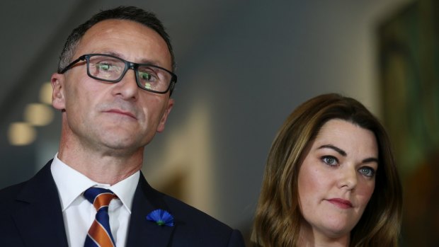 Senators Richard Di Natale and Sarah Hanson-Young address the media at Parliament House on Wednesday.