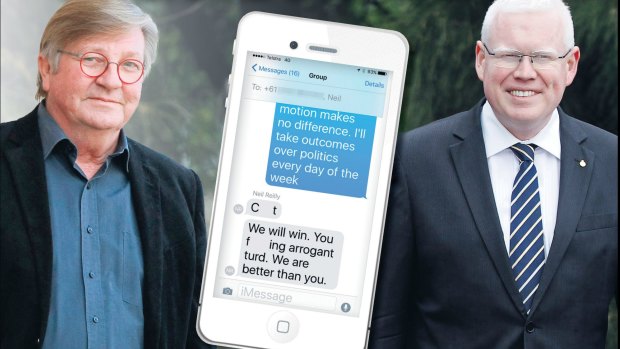 Kiama councillor Neil Reilly, left, fired off the angry texts to MP Gareth Ward after the council merger debate in State Parliament on Tuesday.