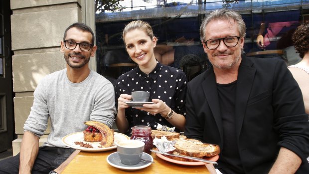 Aaron Elias (left) and Jayson Brunsdon with Kate Waterhouse. "We were very panicked," Brunsdon says of times during the couple's surrogacy journey. 