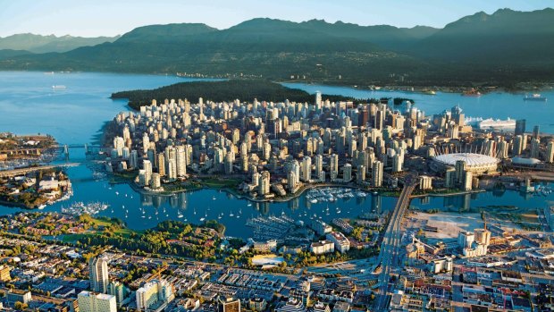 An aerial view of the Vancouver skyline. 