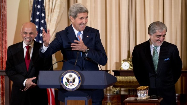 Afghan President Ashraf Ghani, left, with US Secretary of State John Kerry and Afghan Chief Executive Abdullah Abdullah in Washington in early 2015.