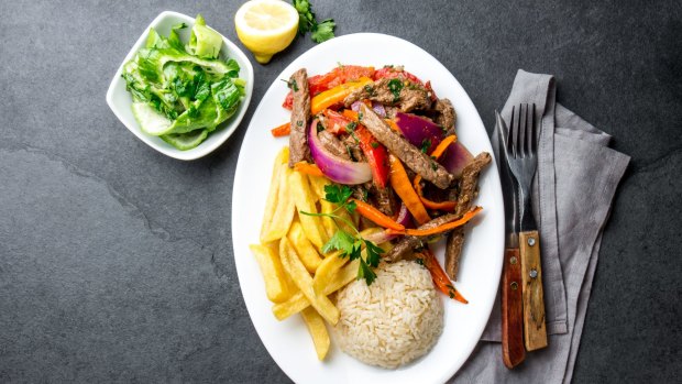 Lomo saltado, a stir-fry with beef, onions, tomatoes, chips and rice is a local favourite.
