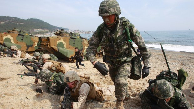 South Korean and US Marines participate in joint military exercises, in Pohang, South Korea.