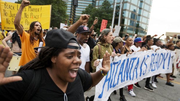 Protesters against the recent police shootings of African-Americans in Atlanta on Monday.