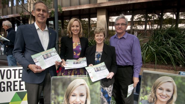 (From left) Bob Brown, Senator Larissa Waters, Christine Milne and Andrew Bartlett before the 2016 state election.