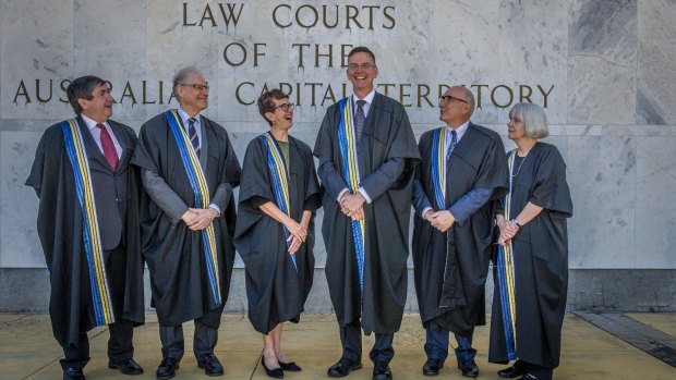 Justice John Burns, Justice Richard Refshauge, Chief Justice Helen Murrell, Justice David Mossop, Justice Michael Elkaim, Justice Hilary Penfold after a ceremonial sitting on Monday. 