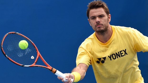Stan Wawrinka hits a forehand volley during a practice session at Malbourne Park on Sunday.