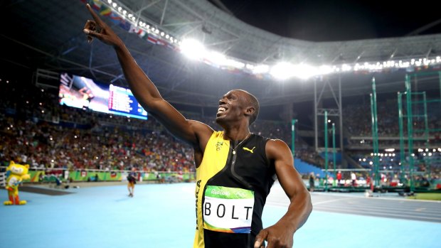 Usain Bolt of Jamaica celebrates winning the Men's 100m final on Day 9 of the Rio 2016 Olympic Games.