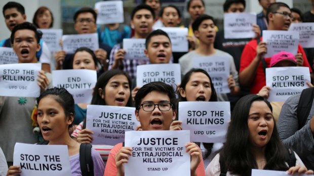 Filipino student activists call for justice for victims of extrajudicial killings during a rally at the University of the Philippines in suburban Quezon last year,