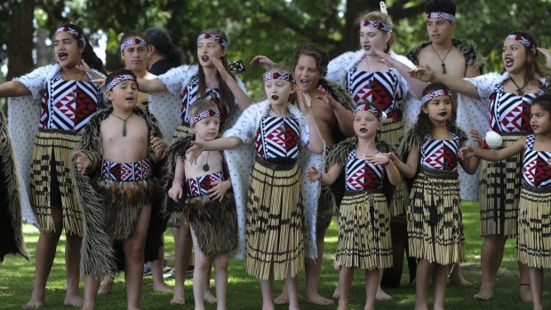Members of the Tumanako Maori Culture Group singing and dancing at Waitangi Day celebrations in Queanbeyan. 